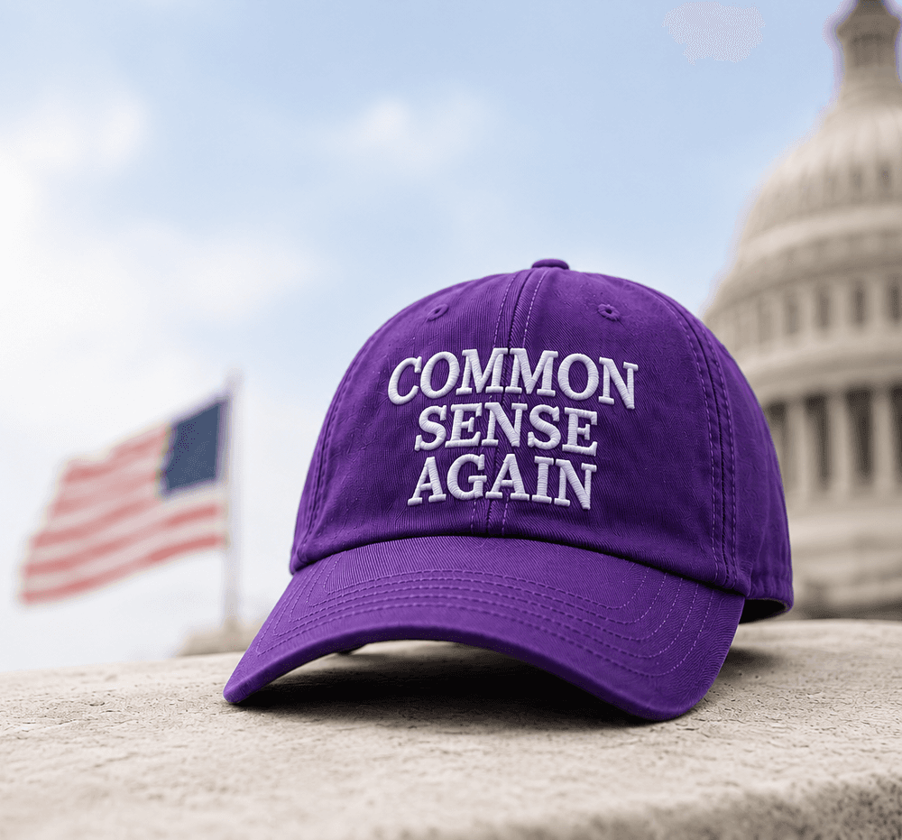 The purple Common Sense Again cap
