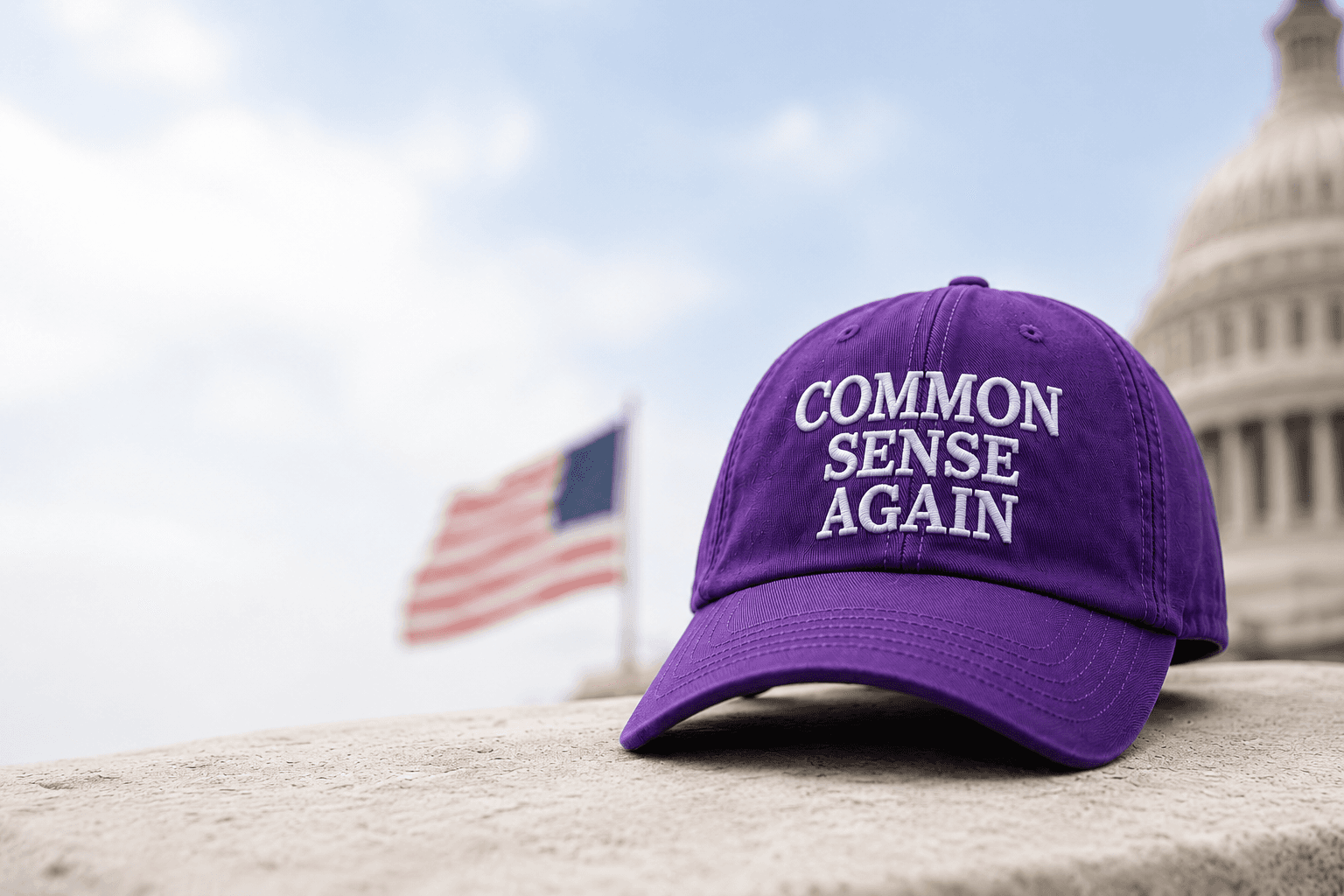 A purple embroidered cap reading Common Sense Again on a stone ledge, with the American flag and the Capitol dome behind it